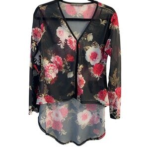 Suzy Shier High Low Sheer Mesh Floral Long Sleeve Top Y2K Size M Black & Pink